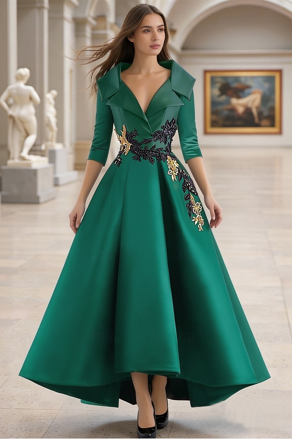 Linha A Longo Vestido formal Vestidos de noite Elegante Manga Longa Decote V Carnaval Formal Bolsos Cetim com Miçangas Apliques de 2026 por $195.99 –P10