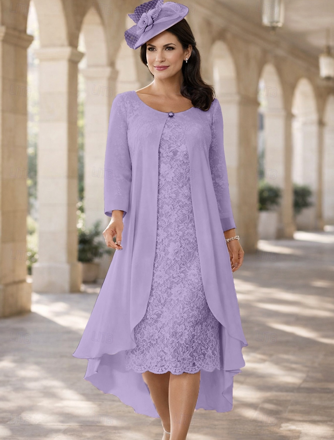 Duas Peças Linha A Longuette Vestido de convidada de casamento Vestido Para Mãe dos Noivos Manga Curta Decorado com Bijuteria Elegante Tamanhos Grandes Convidado do casamento Festa de Casamento de 2026 por $157.99 –P5