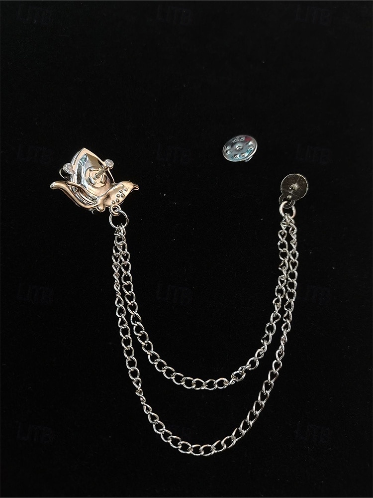 Spilla da bavero da uomo in lega con rosa e catena, accessorio per abiti da sposa e da festa, vari colori, elegante spilla floreale per occasioni formali del 2026 a $11.99 –P4