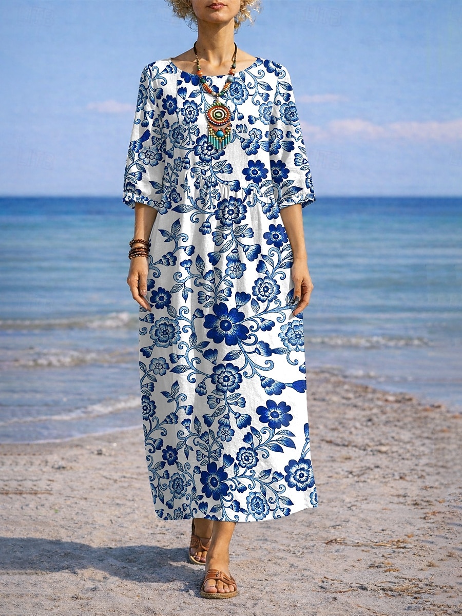 Robe longue maxi femme à fleurs bleues et blanches, style vacances, robe droite décontractée, idéale pour la plage ou les sorties. Motif floral, manches 3/4, col rond, bleu, rouge, violet, vert. de 2026 ? $41.99 –P1