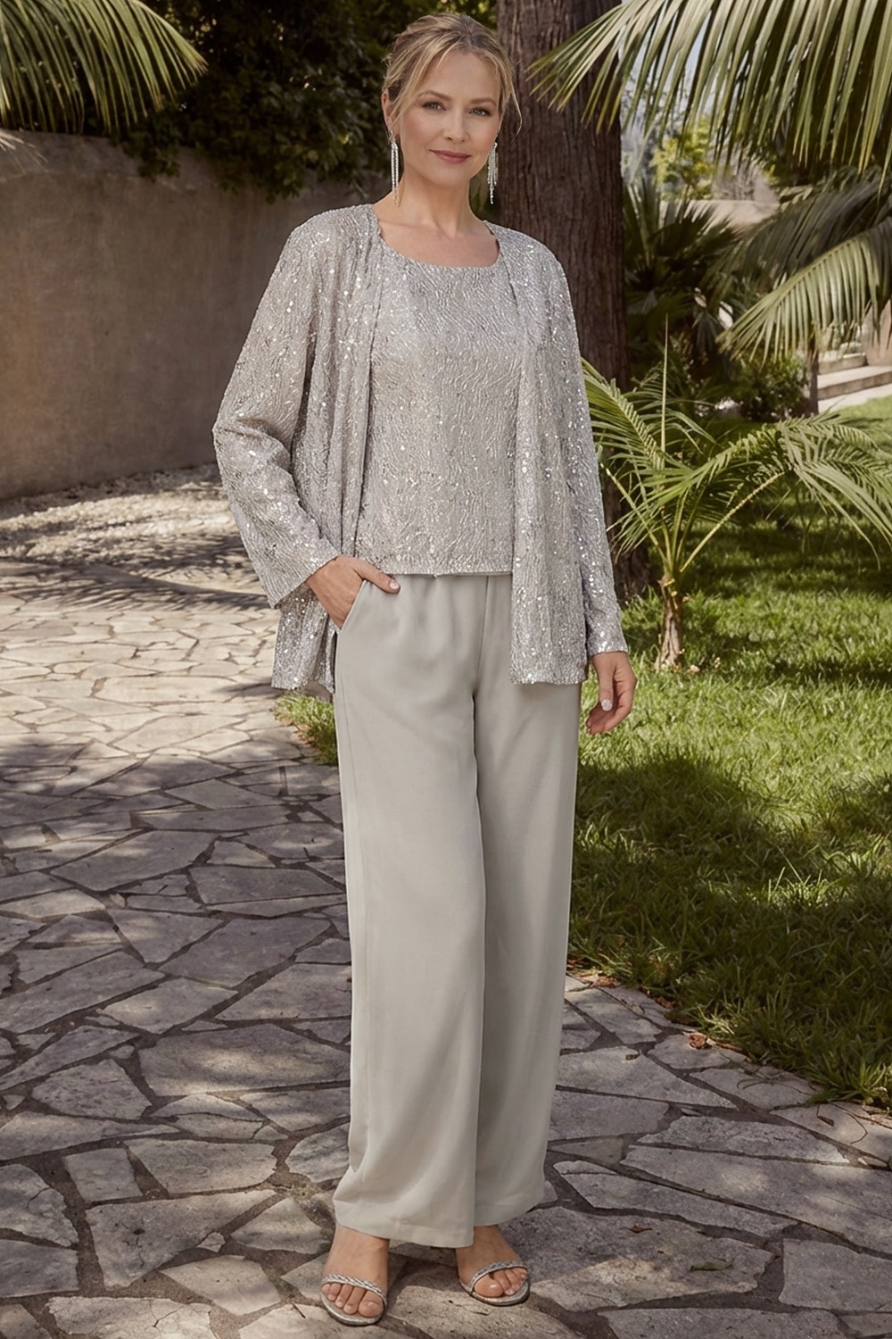 Terninho Traje de 3 peças Longo Vestido Para Mãe dos Noivos Sem Manga Scoop pescoço Elegante Convidado do casamento Chiffon Renda Embrulho incluido com Lantejoulas de 2026 por $183.99 –P5