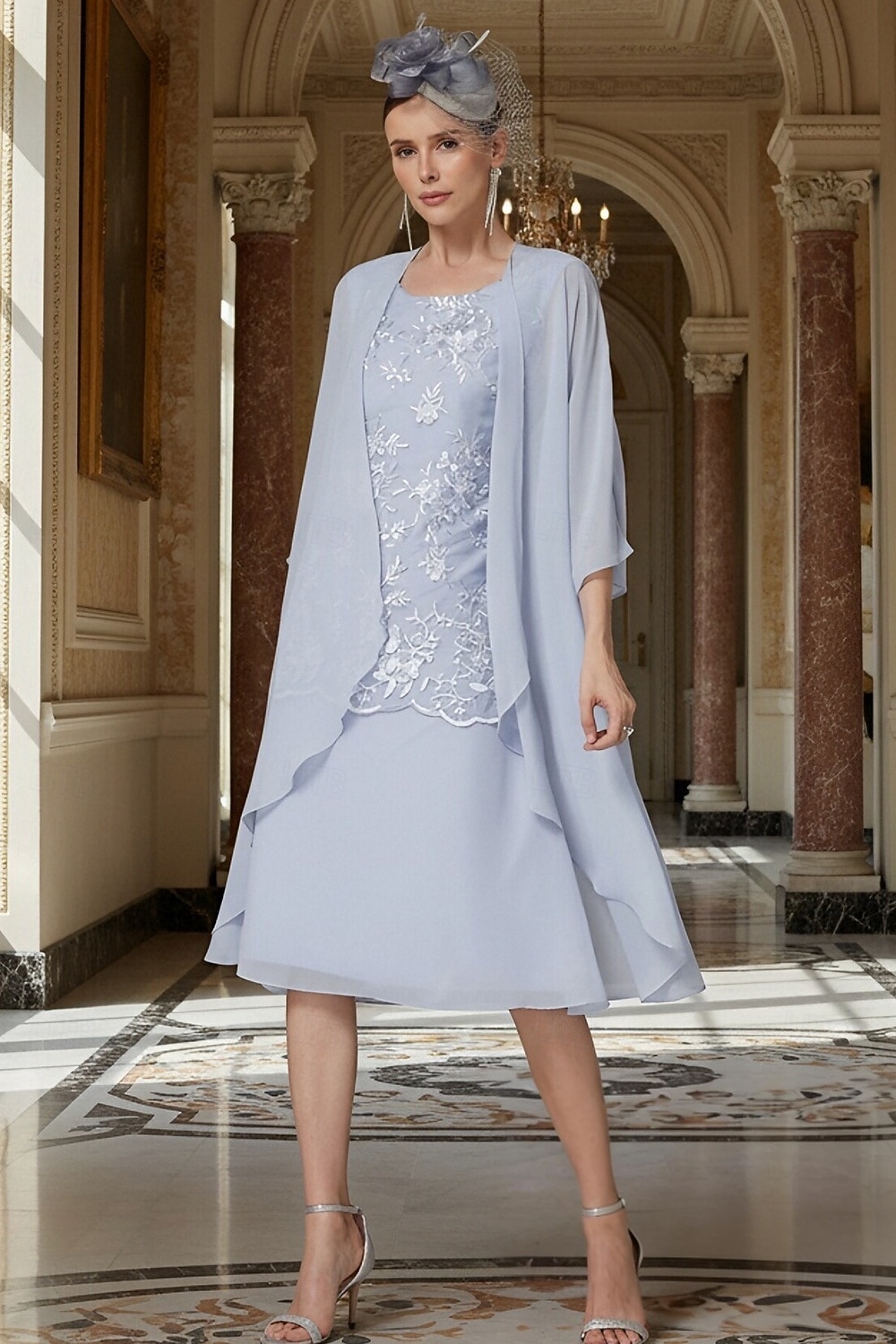 שני חלקים מעטפת עמוד באורך הקרסול שמלת אורח לחתונה שמלה לאם הכלה  ללא שרוולים עם תכשיטים אלגנטית אורחת חתונה מסיבת החתונה שיפון תחרה שמלות ז'קט עם אפליקציות 2026 - $146.99 –P12