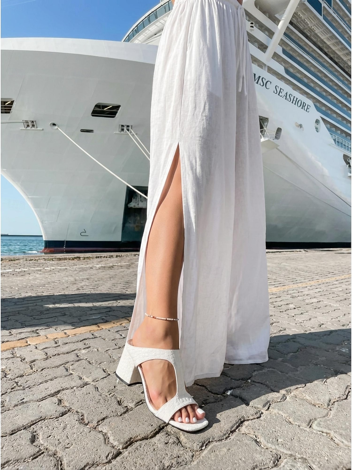 Sandale elegante pentru femei, albe, cu imprimeu crocodil - sandale elegante cu toc bloc și vârf pătrat, pentru seri formale pe nave de croazieră, seară festivă &vacanțe de vară la stațiuni turistice 2026 - $29.99 –P3