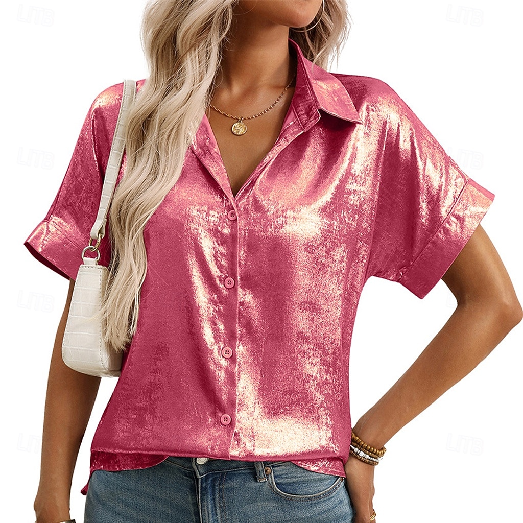 Pentru femei Cămașă Cămașă de Costum Camașă cu nasturi Bluză Nasturi Culoare solidă Elegant Modă Zilnic Manșon scurt Răsfrânt Topuri obișnuite În aer liber Haine de strada Muncă Roz auriu Verde 2026 - $31.99 –P8