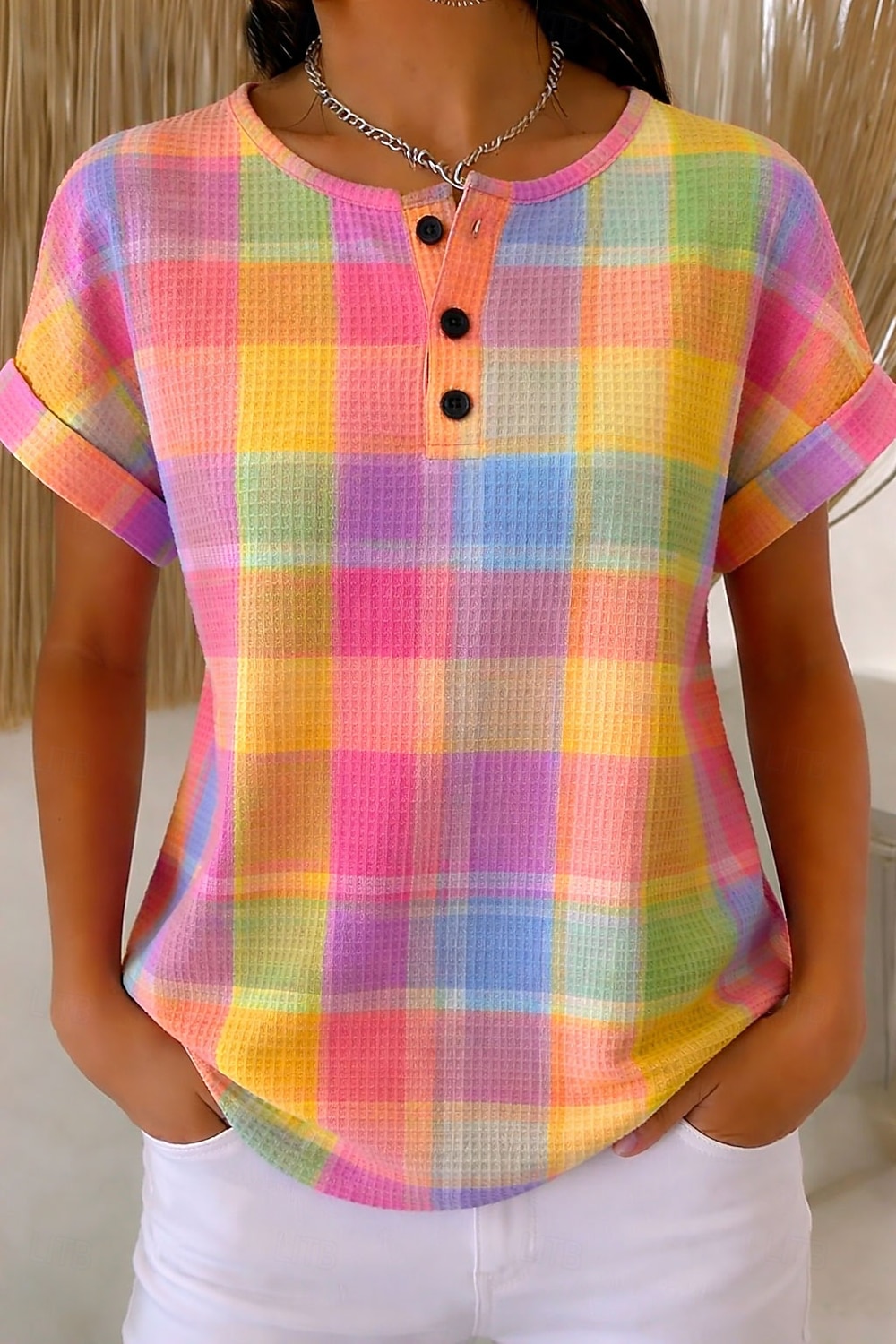Koszulka damska waffle kolorowy nadruk graficzny wzór geometryczny vintage stylowy klasyczny krótki rękaw okrągły dekolt zwykłe koszulki codzienne fioletowy pomarańczowy lato wiosna 2026 - $24.99 –P1