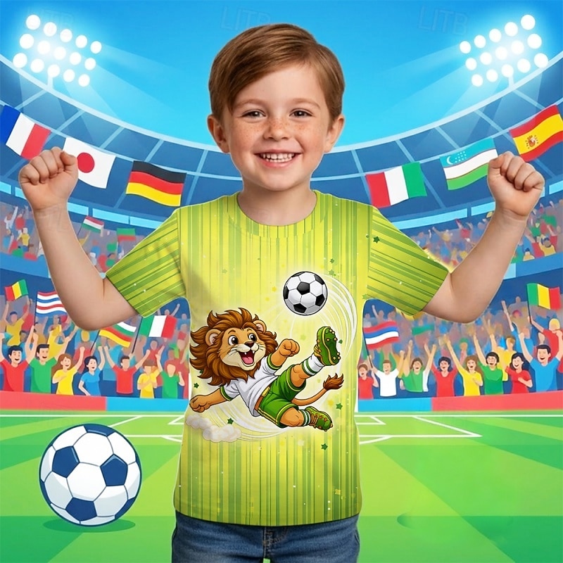 Jungen 3D Grafik Löwe Fußball T-Shirt Kurzarm 3D-Druck Sommer Frühling Sport Mode Streetwear Kinder 4-12 Jahre Rundhalsausschnitt Lässig Täglich Outdoor Normale Passform 2026 - $14.49 –P1