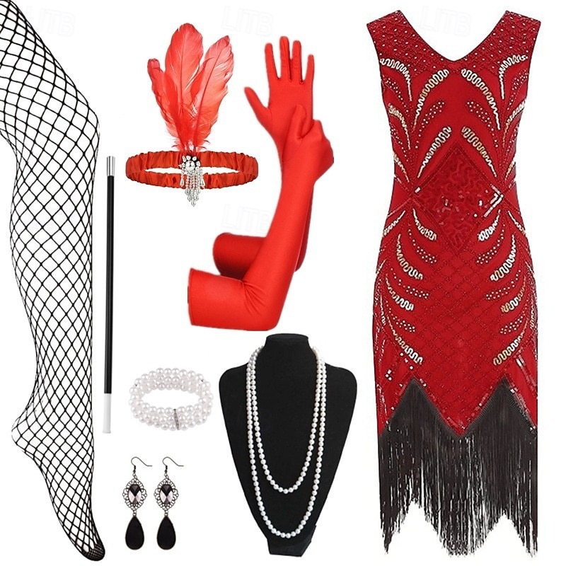 Set Anni Ruggenti Anni 1920 Lunghezza al ginocchio Vestito Abito Flapper Abiti con accessori Senza maniche Il grande Gatsby Charleston Taglie Forti Frangia con nappe Scollo a V Costume Per donna del 2026 a $62.99 –P4