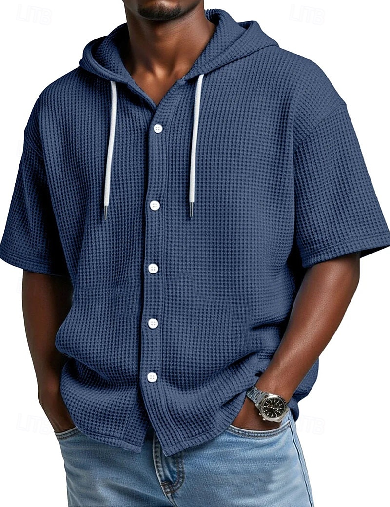 Voor heren Overhemd Wafel Shirt Normaal shirt Overhemd met knopen Wit Korte mouw Effen Kleur Effen Capuchon Casual Dagelijks Lapwerk Kleding Vakantie Modieus Casual 2026 - $30.99 –P2