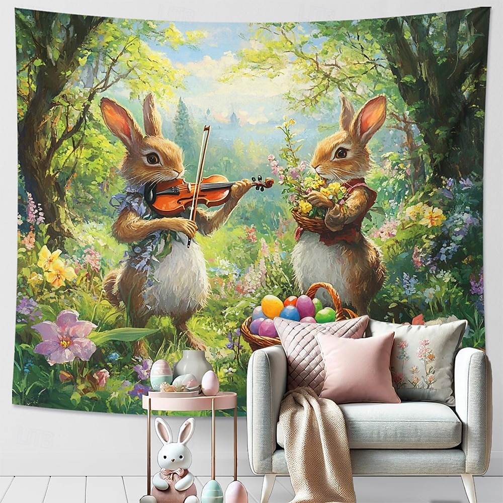 Easter Cute Bunnies Playing Violin Spring Garden Colorful Eggs Basket Flowers Oil Painting Style Wall Tapestry Wall Hanging Living Room Kids Bedroom Home Decor Party Backdrop 2026 - $20.99 –P2
