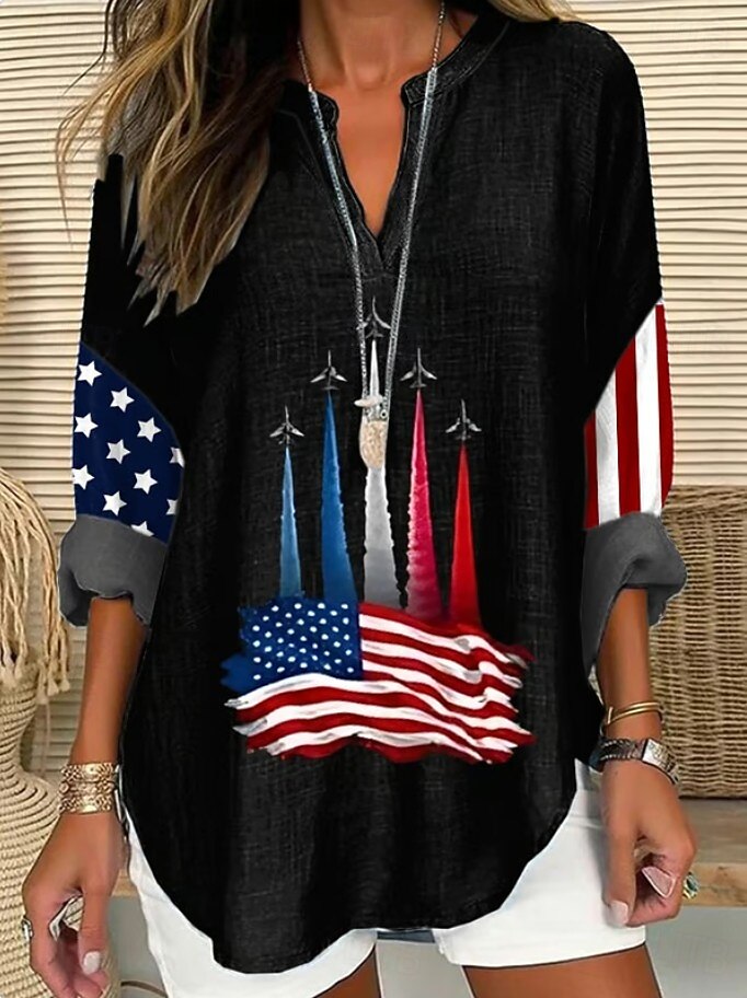 día de la independencia americana Mujer Blusa Estampado Graphic Bandera Vintage Tropical Hawaiano Manga Larga Escote en Pico Tops regulares Diario Festivos Ropa de playa Azul Piscina Negro Blanco Rojo 2026 - $32.99 –P2
