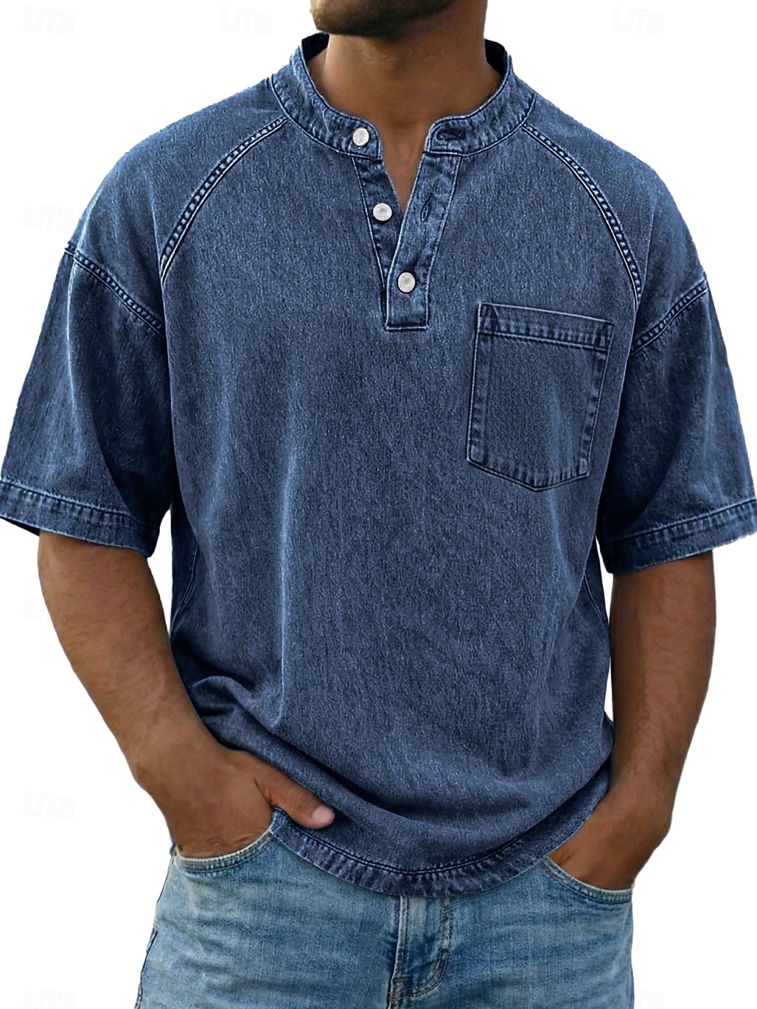 Bărbați Tricou Cămașă Demin Cămașă de spălat cu acid 100% bumbac Manșon scurt Guler de stand Henley Toamna iarna Primăvară Toamnă Simplu Epocă Șic Stradă Casual Buzunar Vopsit în haine Spălat Casual 2026 - $31.99 –P3
