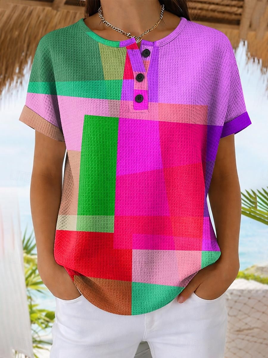T-shirt waffle per donna stampa grafica a blocchi di colore geometrica vintage elegante classica manica corta collo rotondo top regolari quotidiani blu rosso viola arancione estate primavera del 2026 a $24.99 –P4