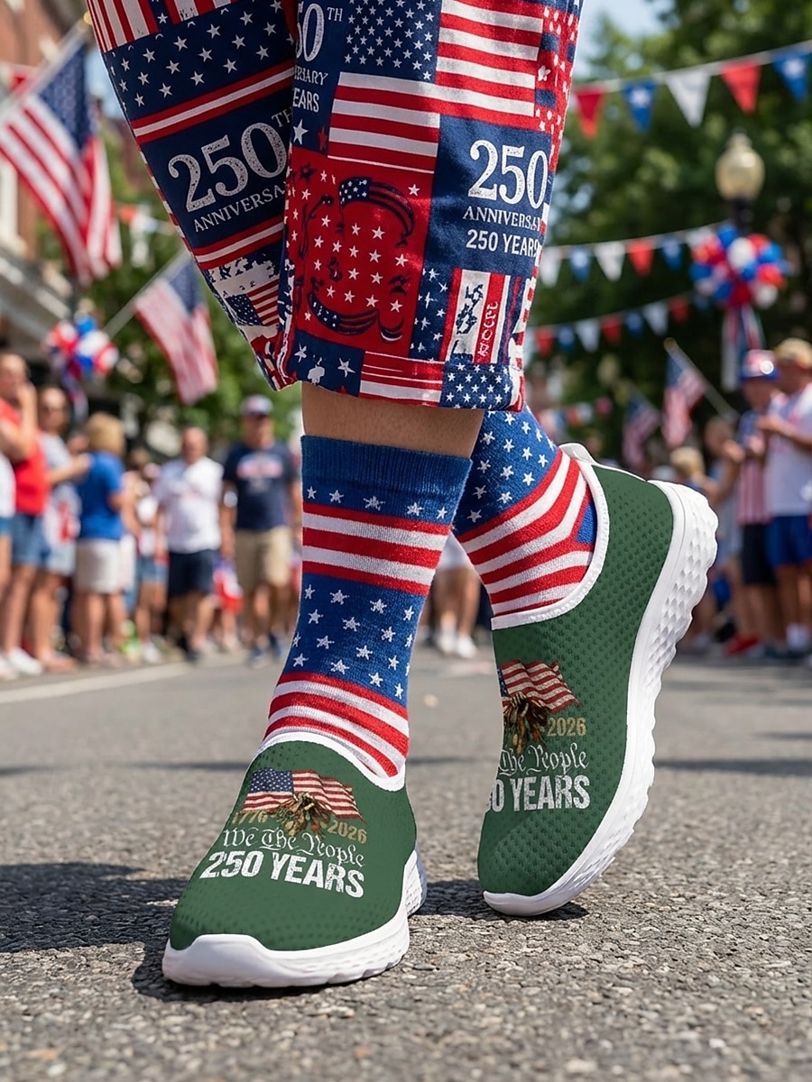 Женские патриотические слипоны — удобные и дышащие сетчатые зеленые туфли с изображением американского флага для парадов, Дня независимости 4 июля, 250-летия США и национальных торжеств. 2026 - $32.99 –P2