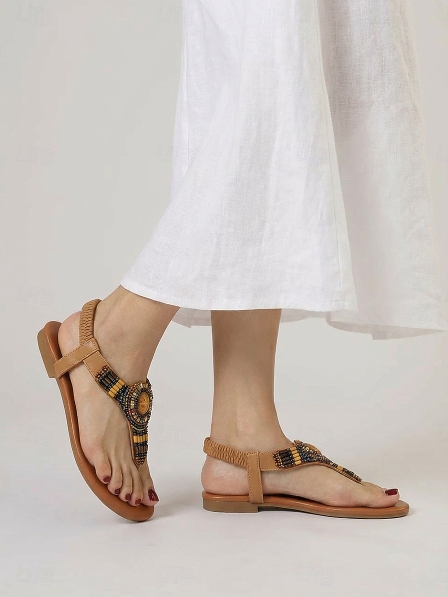 Sandales plates bohèmes à perles pour femmes - sandales ethniques tribales à bride en T et bride élastique à l'arrière, idéales pour les vacances à la plage et les séjours en bord de mer. & été de 2026 ? $42.99 –P3