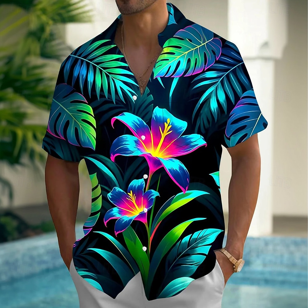 Men's Tropical Flowers Palm Leaf Neon Glow Summer Hawaiian Shirt Button Up Shirt Aloha Shirt Short Sleeve Hawaiian Vacation Summer Spring Turndown 3D Print Collared Shirts Front One Pocket Black 2026 - $25.99 –P1