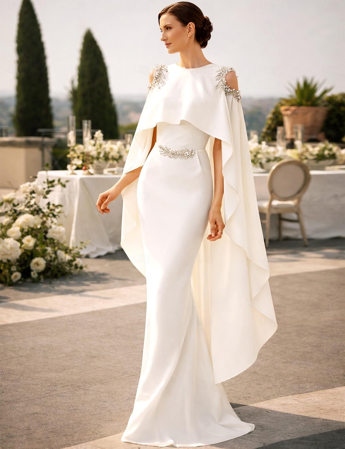 Mermaid Trumpet Floor Length Ball Gown with Cape Evening Gown Formal Dress Elegant Maxi Sleeveless Jewel Neck Formal Wedding Guest Capes Stretch Chiffon with Appliques 2026 - $208.99 –P1