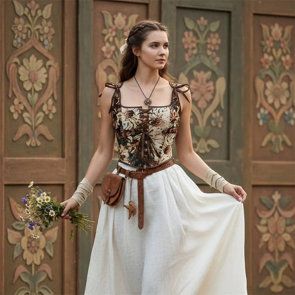 Kostymer i middelalderstil Renessanse Cottagecore Korsett Bodice Viking Bonde Blondér Blomstret Jacquardvevnad Kostyme Dame Keltisk fantasi Halloween Karneval Ytelse LARP Ren Faire Voksne Korsett 2026 - $29.99 –P7