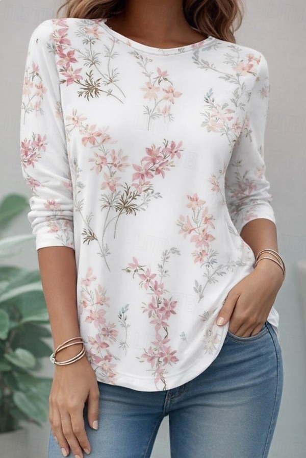 Γυναικεία Μπλουζάκι Στάμπα Φλοράλ Γραφική Φυτά Στυλάτο Κλασσικό Μοντέρνα Μακρυμάνικο Στρογγυλή Ψηλή Λαιμόκοψη Μακριές μπλούζες Καθημερινά Σαββατοκύριακο Ρούχα διακοπών 2026 - $9.49 –P4