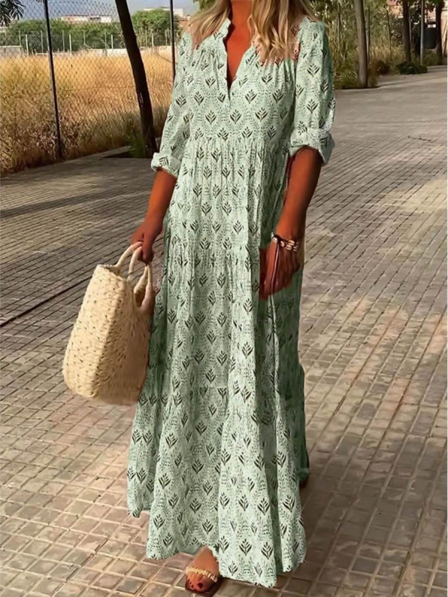 Women's Maxi Dress Sundress Casual Dress Print Dress Elegant Fashion Modern Outdoor Vacation Going out Regular Fit Geometric Short Sleeve V Neck Blue Pink Green Gray Summer Spring 2026 - $27.99 –P1