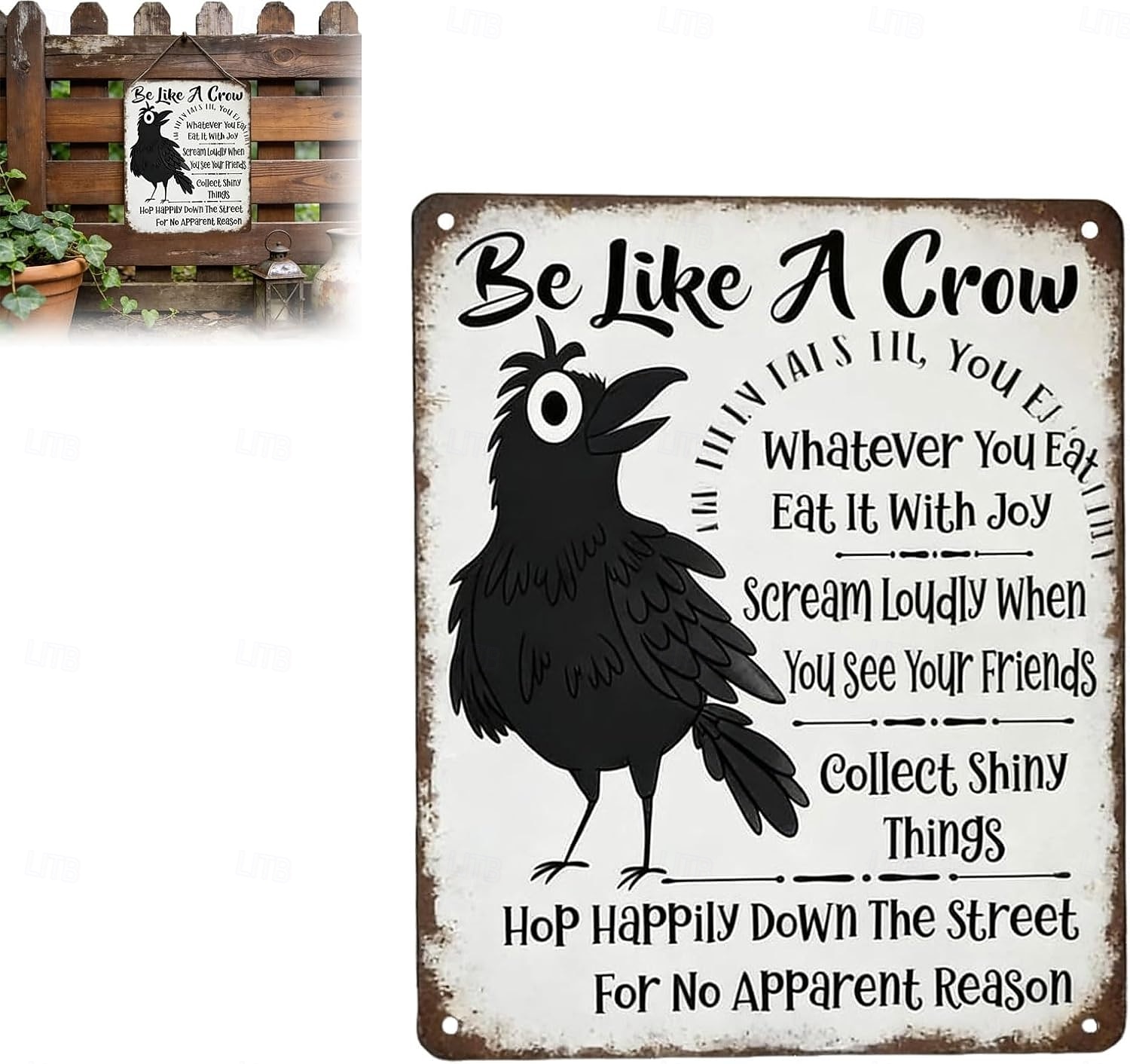 légy olyan, mint egy varjú vintage fém tábla, vicces pozitív falikép, varjú művészeti fali plakett humoros idézettel, rusztikus parasztház dekoráció otthoni irodába, konyhába és bárba, inspiráló 2026 - $11.99 –P1