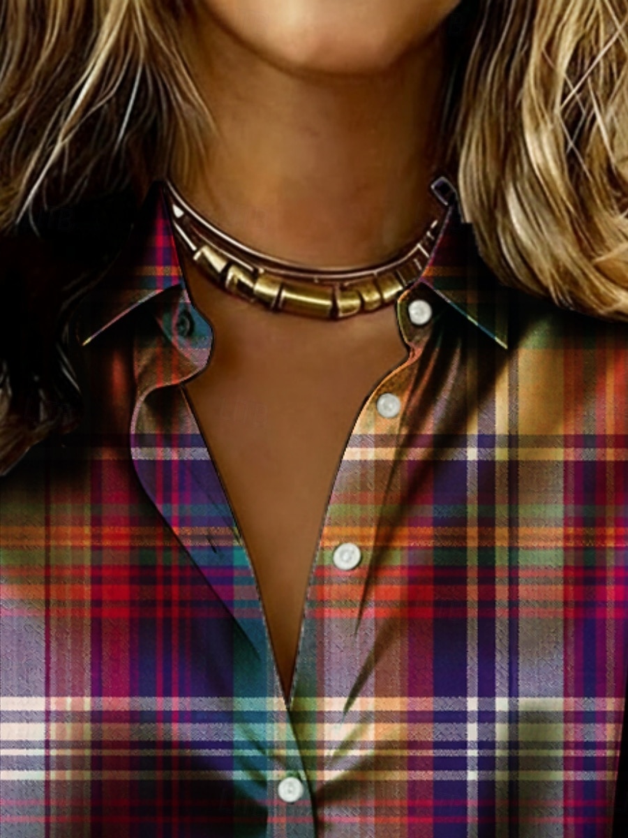 Women's Shirt Satin Shirt Print Graphic Plaid Vacation Casual Long Sleeve Shirt Collar Regular Tops Daily Holiday Going out Rainbow Summer Spring Fall 2026 - $26.99 –P2
