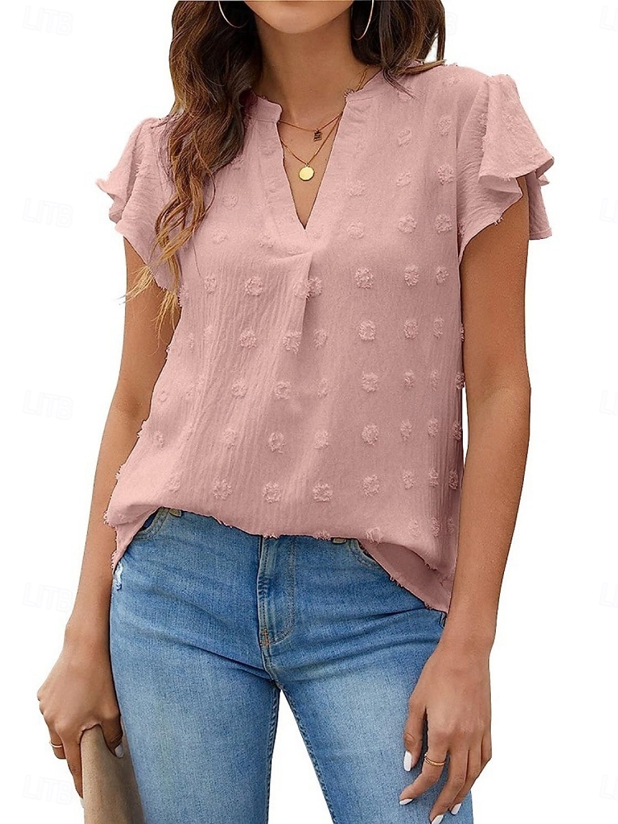 Femmes Chemisier A Volants Couleur Unie Élégant Occasionnel Manche Courte Col en V Hauts Réguliers Quotidien Bleu Noir Blanche Rose Claire Fuchsia Été Printemps de 2026 ? $25.99 –P5