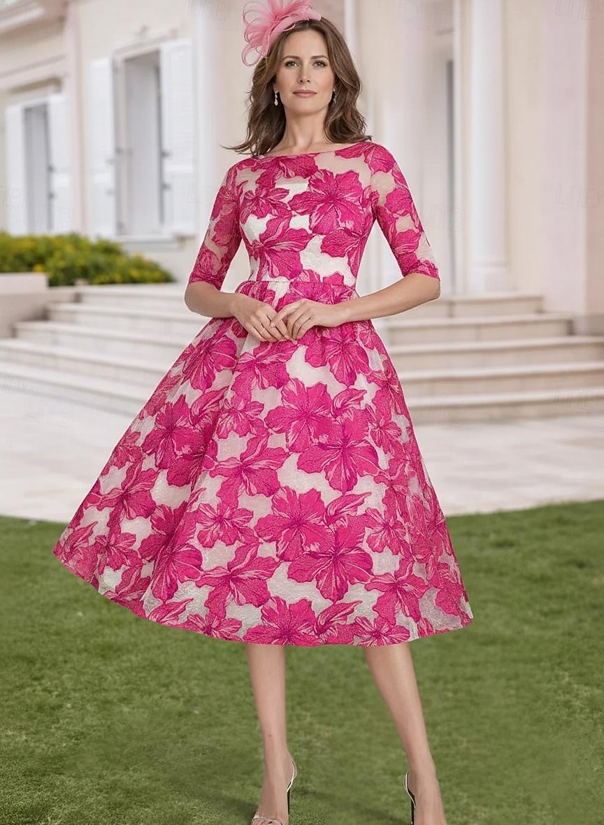 Linia -A Lungimea ceaiului Rochie de dantela Rochie de Cocktail Rochie Mama Miresei Manșon Jumate Guler Cămașă Elegant Epocă Oficial Organza Jaquard cu Broderie Aplică Flori 2026 - $143.99 –P4