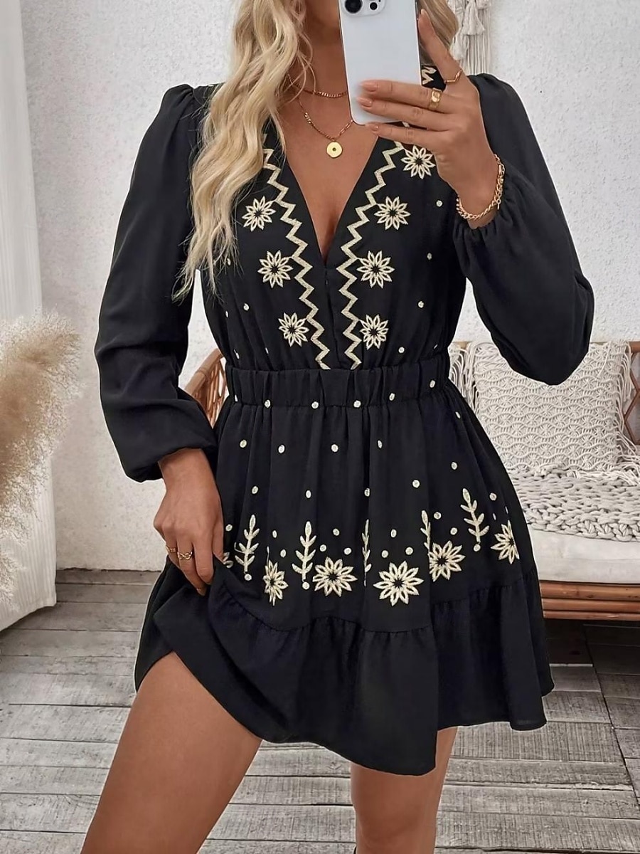 Damen Minikleid Boho-Kleid Freizeitkleid Elegant Mode Modern Outdoor Urlaub Ausgehen Normale Passform Blumen Langarm V Ausschnitt Schwarz Wein Rote Grün Sommer Frühling 2026 - $43.99 –P2