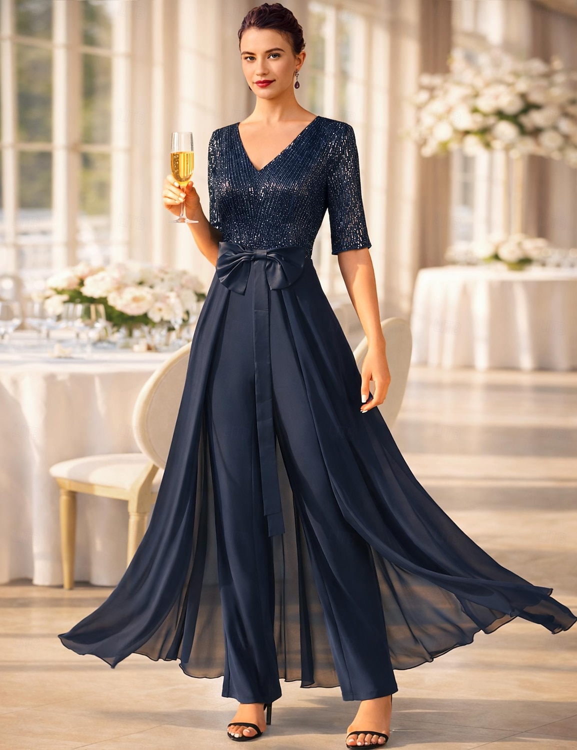 Tuta Completo Pantalone Lunghezza alla caviglia Abito da cerimonia per signora Mezza Manica Scollo Tondo Elegante Formale Ospite di nozze Chiffon Con Paillettes con Fiocco/Fiocchi Paillettes del 2026 a $137.99 –P2