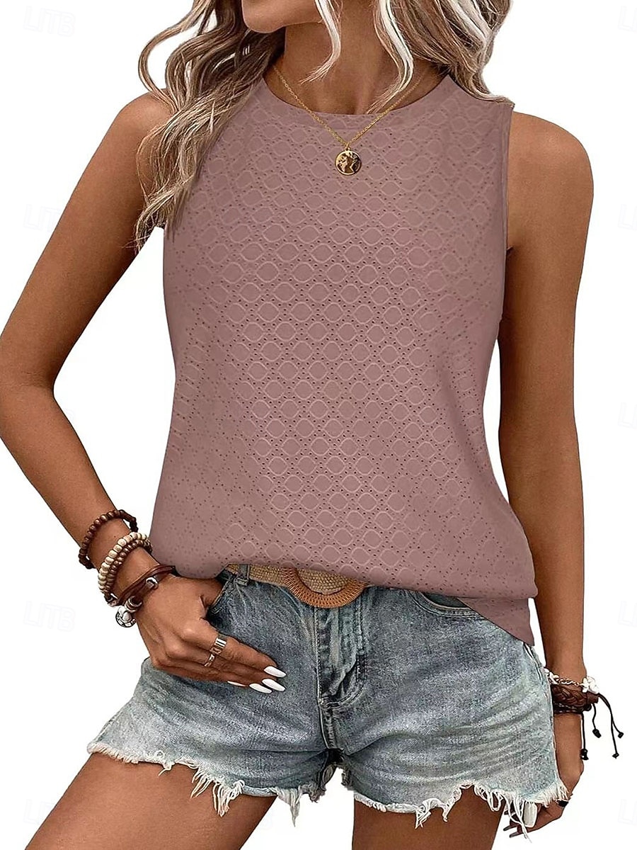 Per donna Maglietta Canotta Patchwork Traforato Tinta unica Moda Elegante Classico Senza Maniche Girocollo Top lunghi Quotidiano Uscire Weekend Bianco Rosa Vino Azzurro cielo Estate Primavera del 2026 a $21.99 –P7
