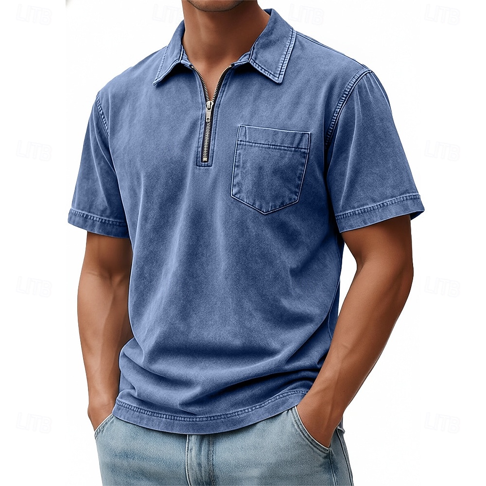 SoftFade™ Miesten Vetoketjullinen Polo 100% Puuvillaa Happopesu Paita Rentoa Päivittäinen Käyttö Neljännes Vetoketju Lyhythihainen Muoti Perus Yksinkertainen Denim Tasku Haalistunut Kesä Kevät 2026 - $31.99 –P11