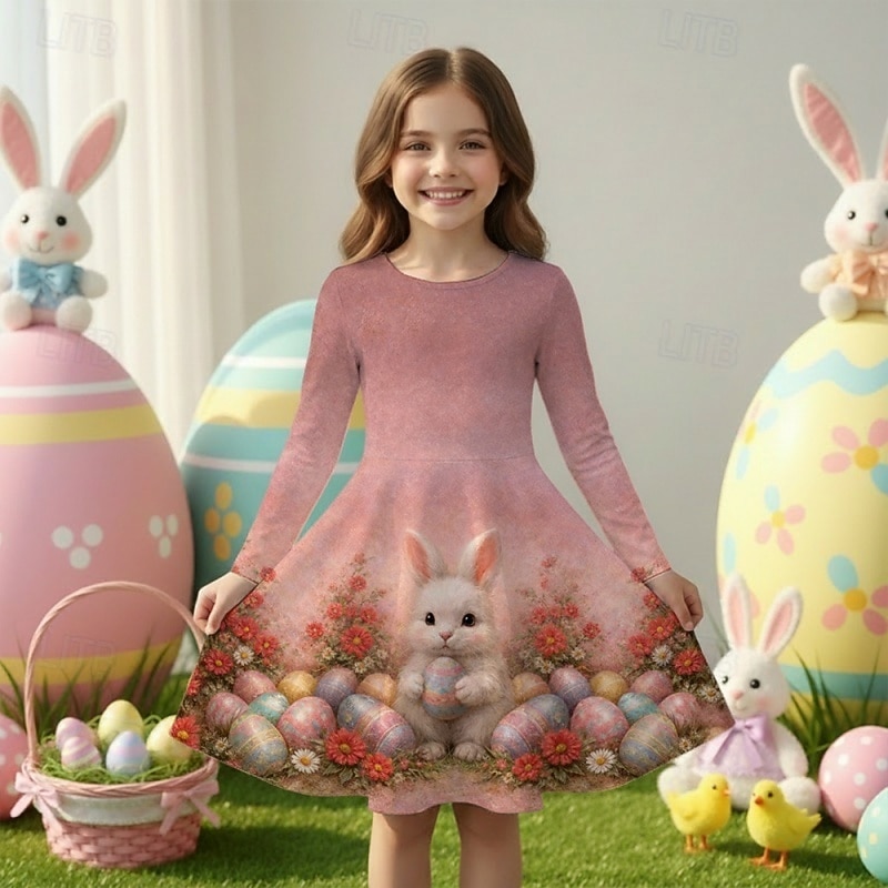Pasqua ragazze' 3D Grafico Coniglio Abito Manica Lunga Stampa 3D Primavera Autunno Quotidiano Vacanza Feste Carino Casual Principessa Bambini 4-12 Anni Vestito Casual Abito a trapezio Lunghezza al del 2026 a $22.99 –P1