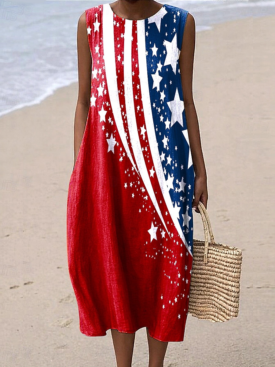 día de la independencia americana Mujer Vestido Midi Vestido de cambio Vestido de verano Vacaciones Casual Exterior Holgado Estrellas y rayas Sin Mangas Cuello redondo Azul y blanco Azul Océano Rojo 2026 - $37.99 –P2