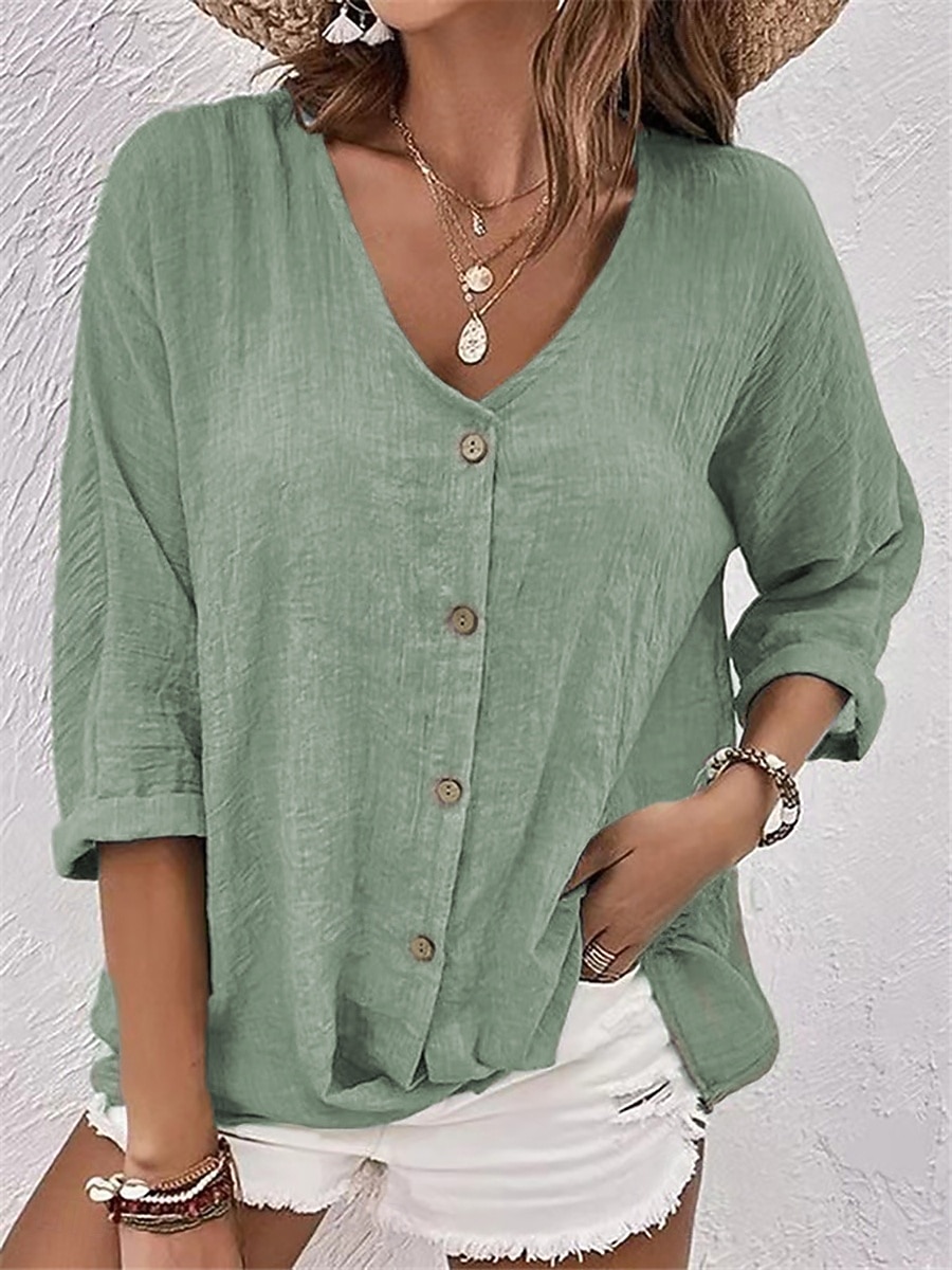 Per donna Camicia Blusa Arricciato Bottoni Semplice Elegante Vacanza Vintage Manica Lunga Scollo a V Top Regolari Quotidiano Ferie Uscire Blu Rosa Verde Cachi Estate Primavera del 2026 a $14.99 –P7