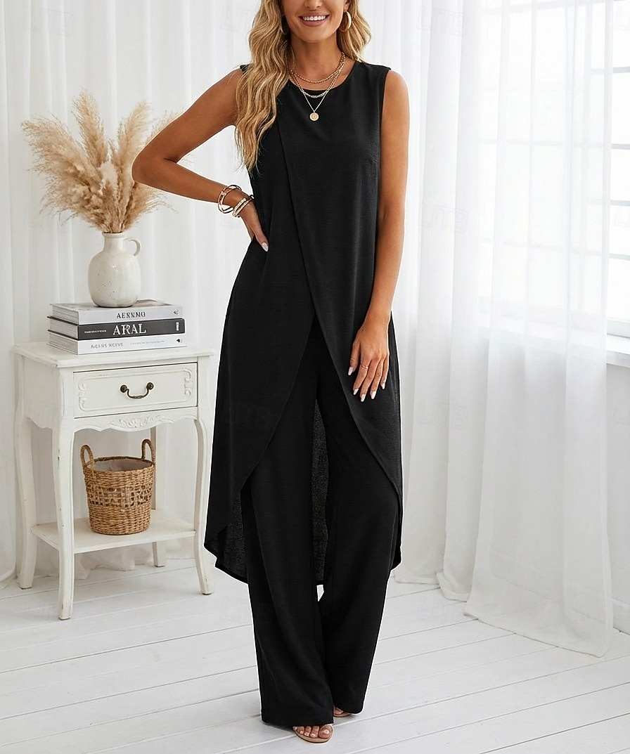 Women's Pants Sets Sleeveless Round Neck Plain Ruched Patchwork Elegant Fashion Streetwear Casual Daily Outdoor Black Red Purple Summer Loose Fit 2026 - $29.99 –P2