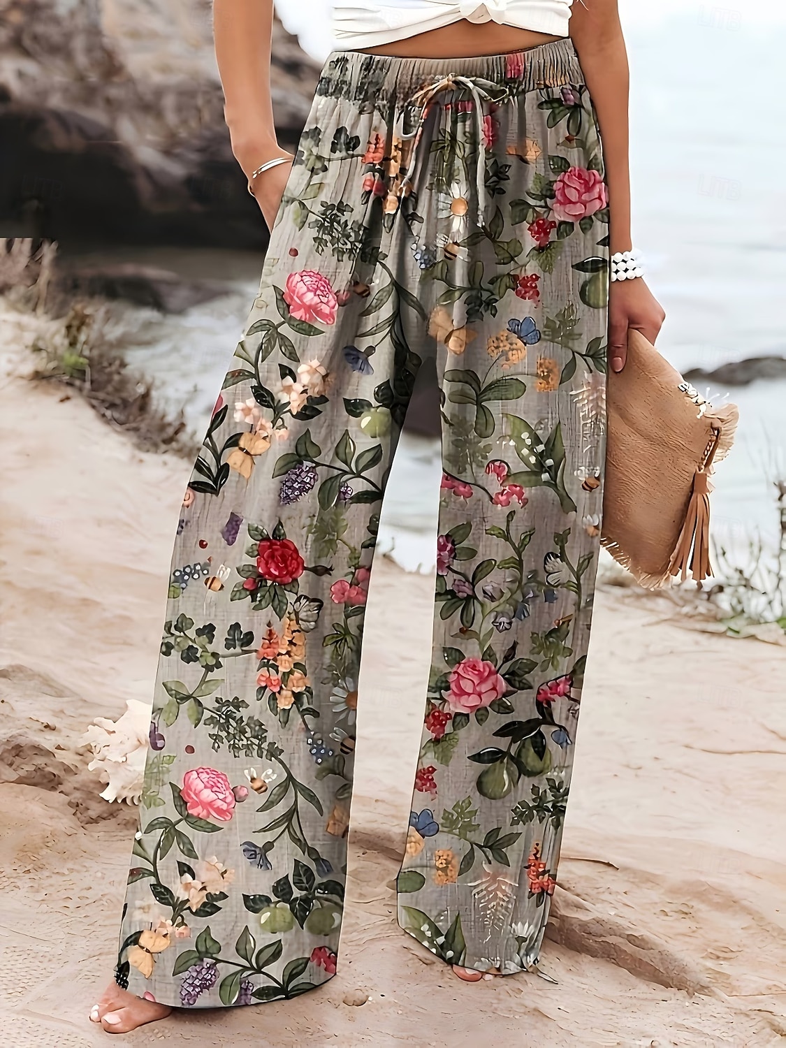 Mulheres Perna larga chinês Calças Férias Moda Roupa de rua Comprimento total Cintura Alta Floral Gráfico Bolsos Cintura elástica Imprimir Confortável Conforto Respirabilidade Micro-Elástica Diário de 2026 por $44.99 –P1