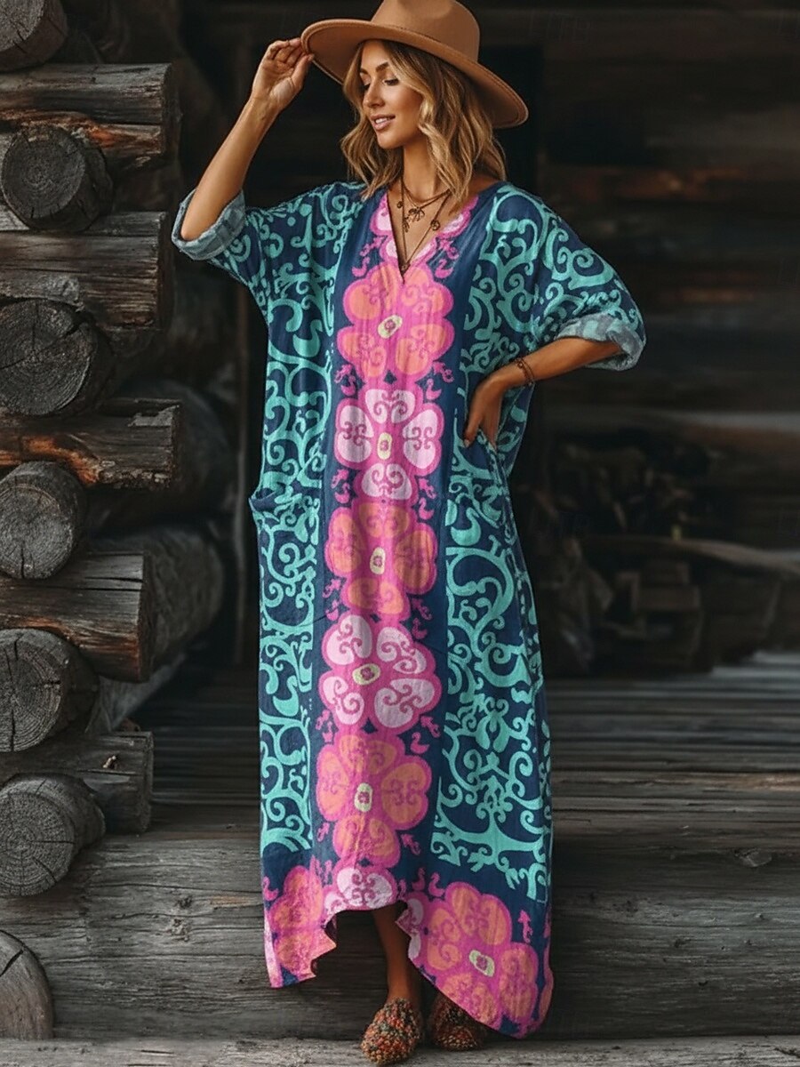 Women's Maxi Dress Boho Dress Casual Dress Print Dress Vintage Outdoor Vacation Weekend Loose Fit Floral Graphic Long Sleeve V Neck Blue Purple Summer Spring Fall 2026 - $37.99 –P2