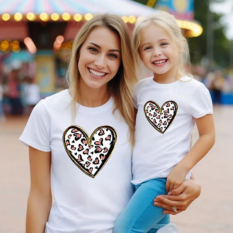 Family T shirt Tops Heart Casual Print White Pink Beige Short Sleeve Active Matching Outfits 2026 - $21.99 –P3