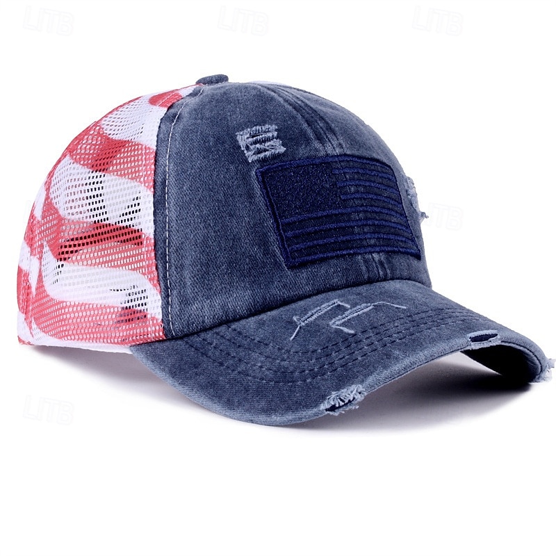 Патриотическая бейсболка для женщин с эффектом потертости и хвостиком, хлопковая кепка-тракер с вышитым американским флагом и застежкой-липучкой сзади, посвященная 4 июля, Дню независимости, 250-летию 2026 - $16.99 –P1