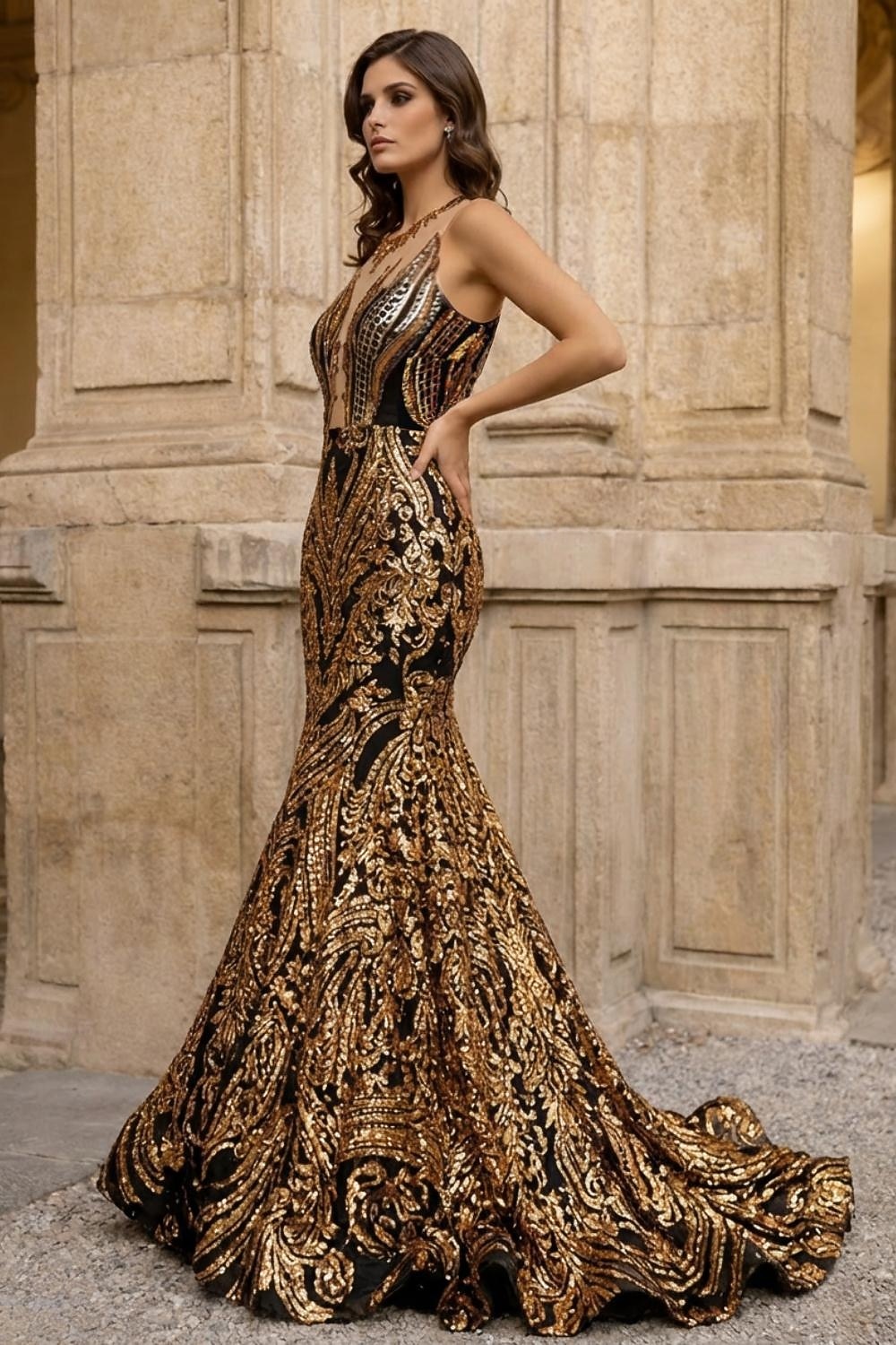 Corte Trompeta Sirena Cola barrida Trajes de gala Vestidos de noche Corte Cenicienta Vestimenta formal Elegante Sin Mangas Escote de ilusión Carnaval Formal afroamericano Lentejuelas con Lentejuela 2026 - $287.49 –P3