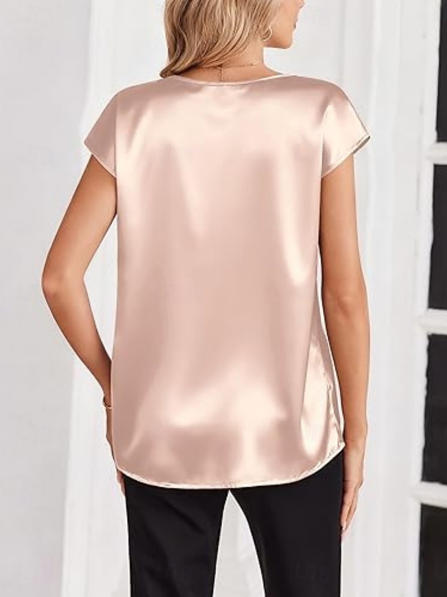 Damen Satin-Top Bluse Einfarbig Stilvoll Basic Lässig Kurzarm V Ausschnitt Normale Oberteile Täglich Blau Schwarz Weiß Champagner Rote Sommer Frühling Herbst 2026 - $19.99 –P3