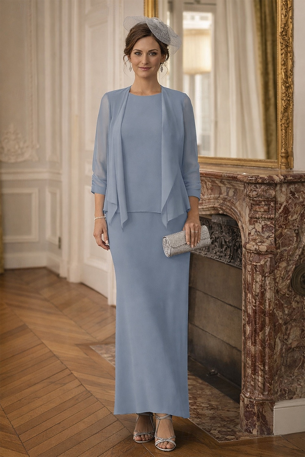 Duas Peças Tubinho Longo Vestido de convidada de casamento Vestido Para Mãe dos Noivos Manga Longa Scoop pescoço Elegante Formal Convidado do casamento Chiffon Embrulho incluido com Cor Única de 2026 por $142.99 –P8