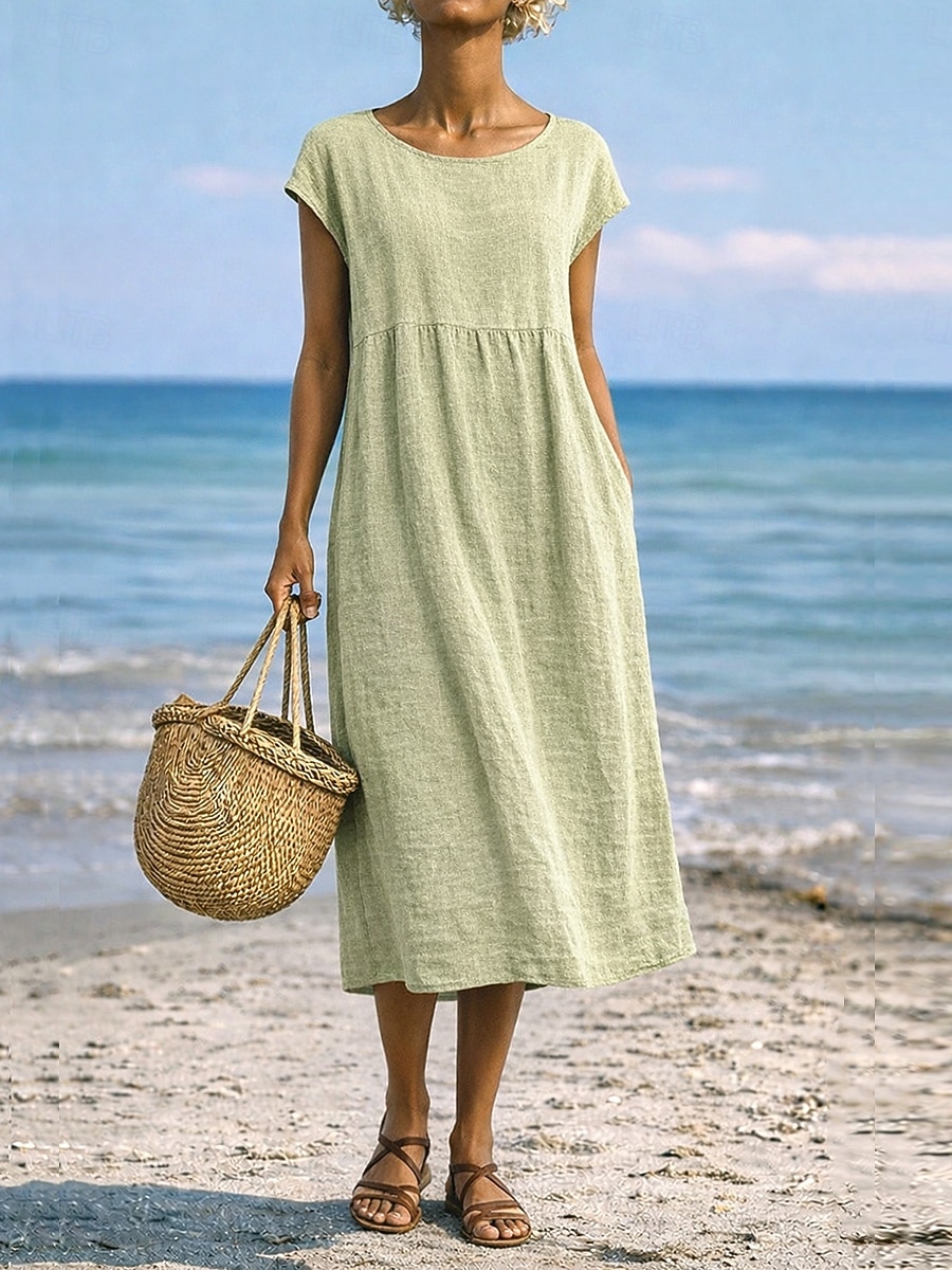 Damen Midikleid A Linie Kleid Sommerkleid Lässig Täglich Lässiger Schnitt Einfach Kurzarm Rundhalsausschnitt Blau Schwarz Weiß Rosa Sommer Frühling 2026 - $26.99 –P2