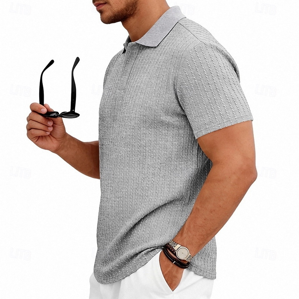 Herren Zopfstrick-Poloshirt Textur Geschäft Urlaub Revers Kurzarm Mode Modern Einfach Knöpfe Atmungsaktiv Sommer Frühling Schwarz Weiß Wein Marineblau Grün Khaki Zopfstrick-Poloshirt 2026 - $21.99 –P10