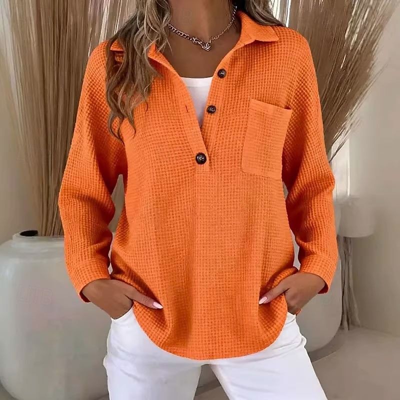 Damen Pullover Sweatshirt Knöpfe Einfach Lässig Langarm Revers Normale Oberteile Straße Alltagskleidung Blau Weiß Rosa Dunkelpink Purpur Frühling Herbst Winter 2026 - $27.99 –P1