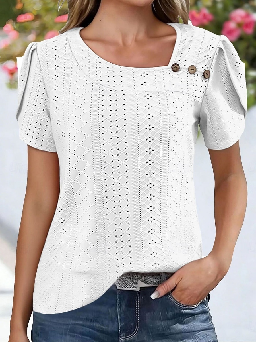 Γυναικεία Πουκάμισο Πουκάμισο Pointelle Κορυφή ματιών Μπλούζα Μικρή Οπή Κουμπιά Σκέτο Βίντατζ Στυλάτο Κλασσικό Κοντομάνικο Ασύμμετρο Κανονικά μπλουζάκια Causal Καθημερινά Παραλία 2026 - $18.49 –P1