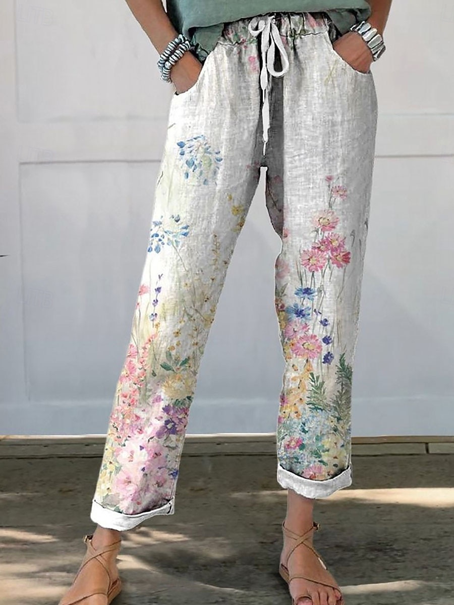Damen Chinos Gerade Urlaub Streetwear Lässig Volle Länge Mittlere Taillenlinie Blumen Grafik Kordelzug Tasche Drucken Bequem Komfort Atmungsaktiv Mikroelastisch Täglich Outdoor Streetwear Blau 2026 - $24.99 –P4
