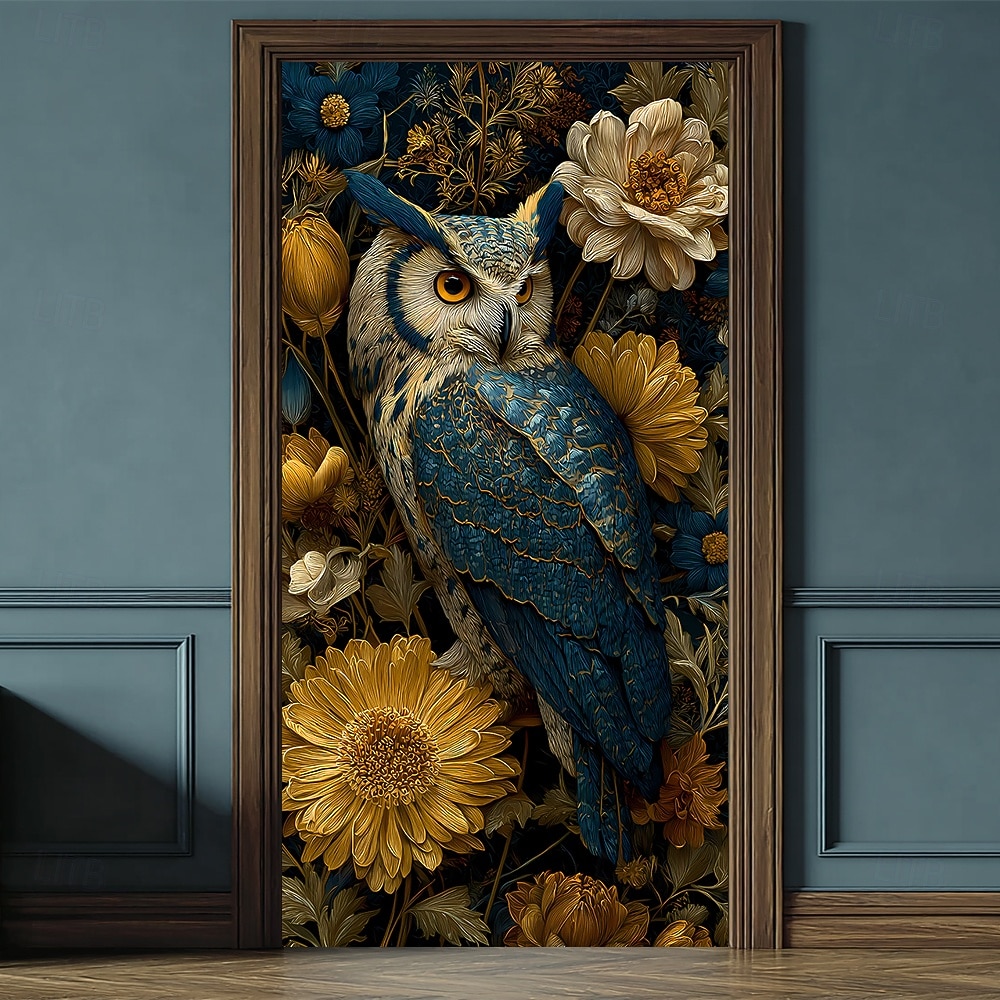 sininen pöllö keltaisilla auringonkukilla keskiyön kukkataide tähtitaivas ovibanneri seinävaate autotallin oven banneri kodin sisustus etuoven koristelu eteisen sisustus sisällä ja ulkona 2026 - $17.99 –P6