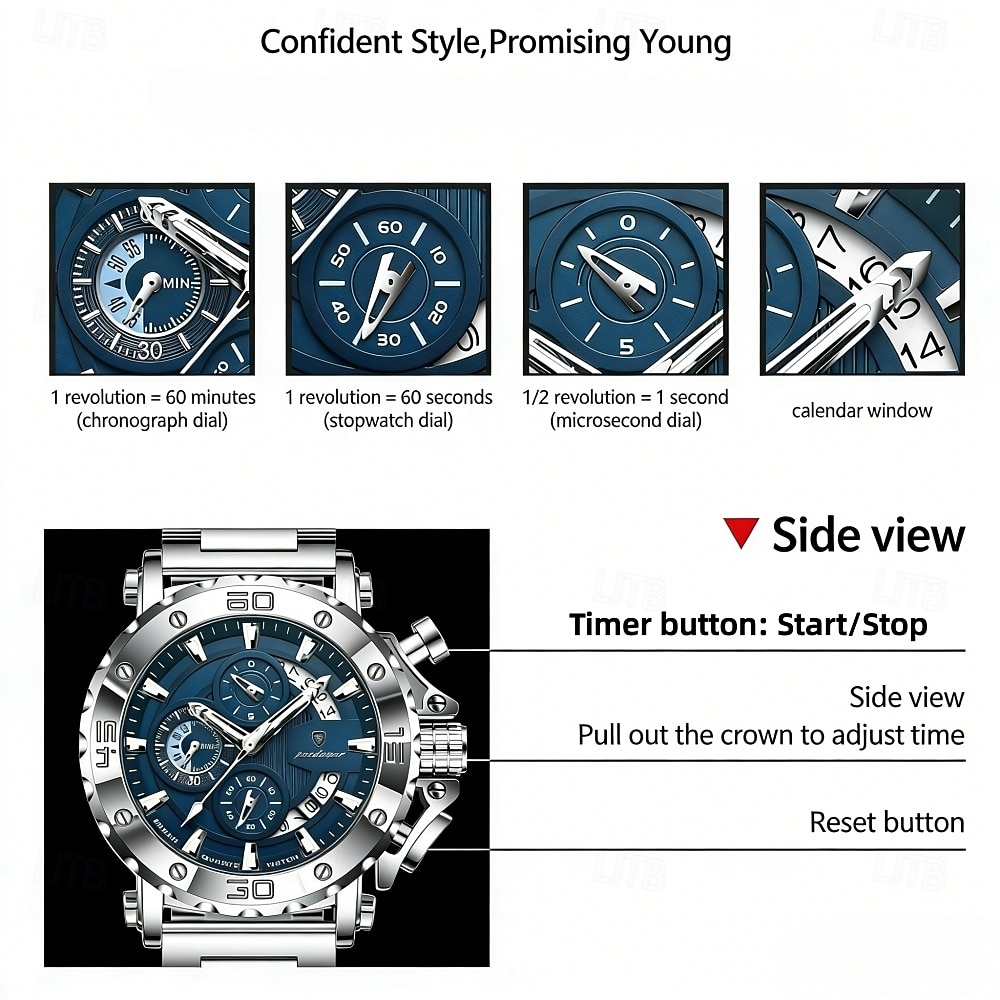 Men's Gold Watch, Luxury Chronograph Big Face Quartz Analog Wristwatch with Gold Stainless Steel Band, Waterproof Luminous Business Sport Fashion Watch with Date Display, Gift for Men 2026 - $46.99 –P4