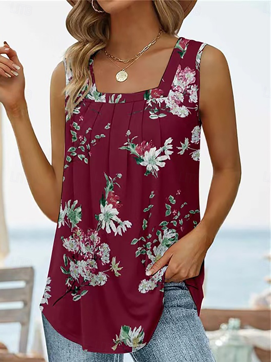 Mujer Camiseta Camiseta superior Frunce Retazos Estampado Floral Graphic Moda Clásico Casual Sin Mangas Escote Cuadrado Tops regulares Tops cortos Diario Noche Fin de semana Azul Piscina Negro Blanco 2026 - $14.99 –P8